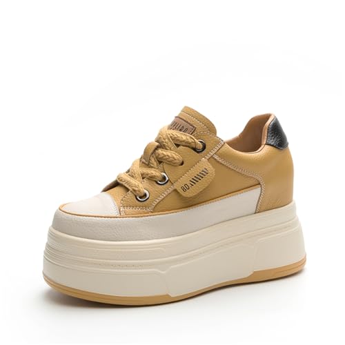 AONEGOLD Damen Sneaker mit Keilabsatz 9 cm Plateau Bequeme Atmungsaktiv Wedges Freizeitschuhe Mode Sneakers rutschfest Turnschuhe（Gelb,37 EU） von AONEGOLD