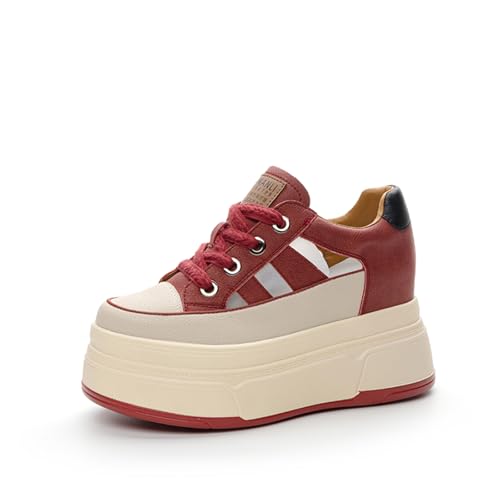AONEGOLD Damen Sneaker mit Keilabsatz 9 cm Plateau Bequeme Atmungsaktiv Wedges Freizeitschuhe Mode Sneakers rutschfest Turnschuhe（Rot,36 EU） von AONEGOLD