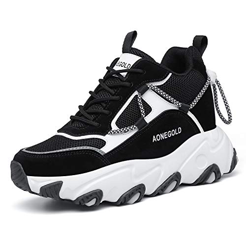 AONEGOLD Damen Sneaker mit Keilabsatz Atmungsaktiv Leicht Wedges Sportschuhe Bequeme Turnschuhe Mode Freizeitschuhe(Schwarz,Größe 39) von AONEGOLD