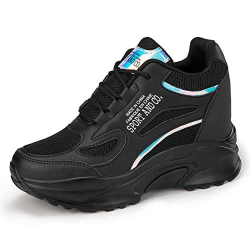 AONEGOLD Damen Sneaker mit Keilabsatz Atmungsaktiv Leicht Wedges Sportschuhe Bequeme Turnschuhe Mode Freizeitschuhe mit Keilabsatz 7.5CM(Schwarz,Größe 39) von AONEGOLD