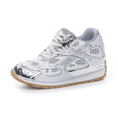 AONEGOLD Damen Sneaker mit Keilabsatz Bequeme Turnschuhe mit Wedges aus Leder Modische Plateausohle 7CM Erhöhung Schuhe für Frauen Freizeitschuhe（Weiß,34 EU） von AONEGOLD