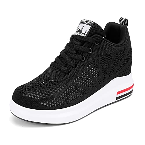 AONEGOLD Damen Sneaker mit Keilabsatz Mode Sneaker Plateau Dämpfung Freizeitschuhe Laufschuhe Atmungsaktiv Turnschuhe Schnürer Arbeitsschuhe(Schwarz,36EU) von AONEGOLD