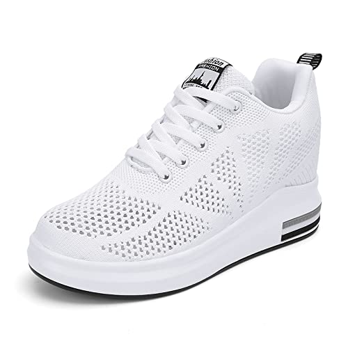 AONEGOLD Damen Sneaker mit Keilabsatz Mode Sneaker Plateau Dämpfung Freizeitschuhe Laufschuhe Atmungsaktiv Turnschuhe Schnürer Arbeitsschuhe(Weiß,35EU) von AONEGOLD