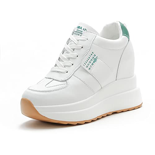 AONEGOLD Damen Sneakers Keilabsatz Sportschuhe Turnschuhe mit Dicken Sohlen Modische Freizeitsportschuhe Wedges mit Keilabsatz Leichte Plateau Sneaker 0311 Weiß grün 39EU von AONEGOLD