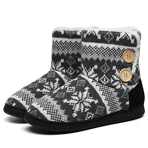 AONEGOLD Damen Warm Hausschuhe Stiefel Gestrickte Wolle Hüttenschuh Winter Weich flauschig Hüttenstiefel Indoor rutschfest Pantoffeln(Grau,Größe 36-37) von AONEGOLD