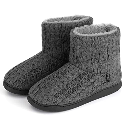 AONEGOLD Damen Warm Hausschuhe Stiefel Gestrickte Wolle Hüttenschuh Winter Weich flauschig Hüttenstiefel Indoor rutschfest Pantoffeln(Grau,Größe 43-44) von AONEGOLD