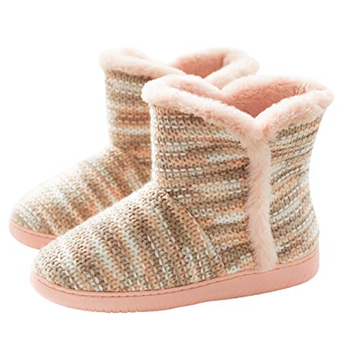 AONEGOLD Damen Warm Hausschuhe Stiefel Gestrickte Wolle Hüttenschuh Winter Weich flauschig Hüttenstiefel Indoor rutschfest Pantoffeln(Pink,Größe 35-36) von AONEGOLD