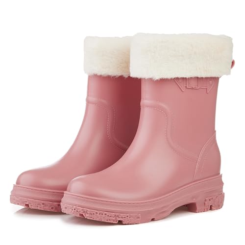 AONEGOLD Gummistiefel Damen Gefüttert Halbhohe Abnehmbarer Leicht Warm Regenschuhe Wasserdicht Rutschfest Regenstiefel Mode Casual Gummi Gartenschuhe (Rosa,38 EU) von AONEGOLD
