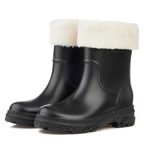 AONEGOLD Gummistiefel Damen Gefüttert Halbhohe Abnehmbarer Leicht Warm Regenschuhe Wasserdicht Rutschfest Regenstiefel Mode Casual Gummi Gartenschuhe (Schwarz,40 EU) von AONEGOLD