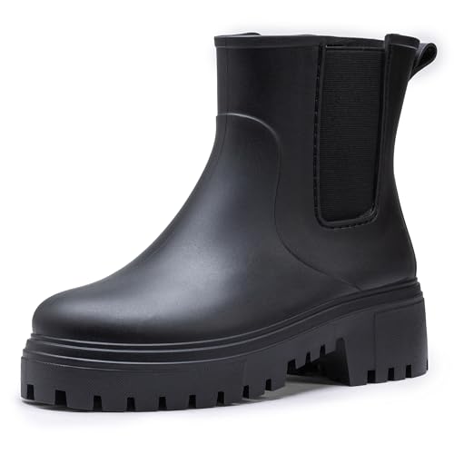 AONEGOLD Gummistiefel Damen Gefüttert Regenstiefel Warme Wasserdicht Stiefeletten Mode rutschfeste Gartenschuhe (1909 shwarz,41EU) von AONEGOLD