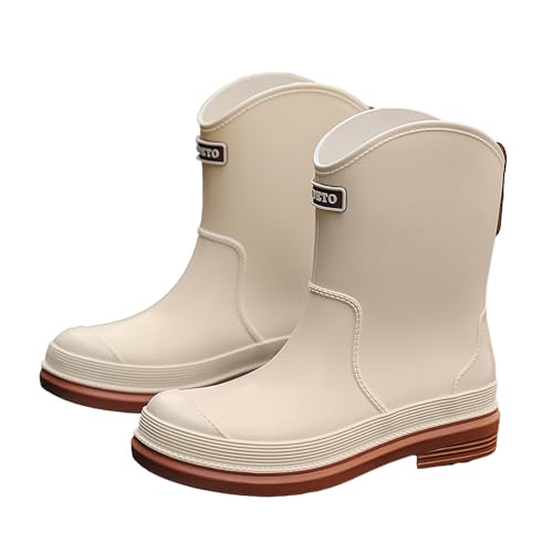 AONEGOLD Gummistiefel Damen Halbhohe Chelsea Boots Wasserdicht Gefüttert Regenstiefel Mode Atmungsaktiv Regenschuhe Rutschsicher Bequem Garten Stiefeletten (Beige,38EU) von AONEGOLD