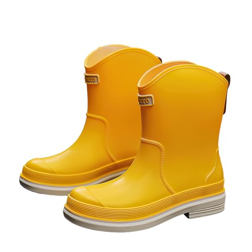 AONEGOLD Gummistiefel Damen Halbhohe Chelsea Boots Wasserdicht Gefüttert Regenstiefel Mode Atmungsaktiv Regenschuhe Rutschsicher Bequem Garten Stiefeletten (Gelb,35EU) von AONEGOLD