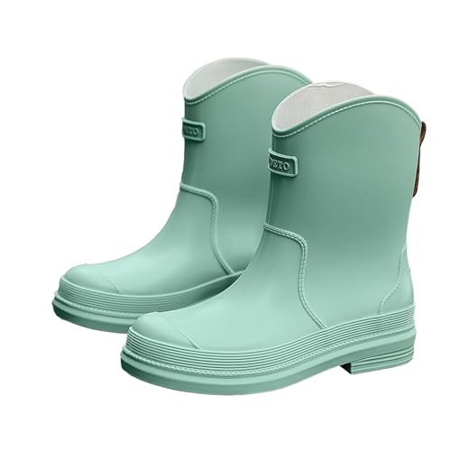 AONEGOLD Gummistiefel Damen Halbhohe Chelsea Boots Wasserdicht Gefüttert Regenstiefel Mode Atmungsaktiv Regenschuhe Rutschsicher Bequem Garten Stiefeletten (Grün,38EU) von AONEGOLD