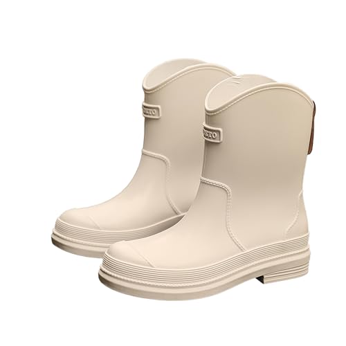 AONEGOLD Gummistiefel Damen Halbhohe Chelsea Boots Wasserdicht Gefüttert Regenstiefel Mode Atmungsaktiv Regenschuhe Rutschsicher Bequem Garten Stiefeletten (Weiß,36EU) von AONEGOLD