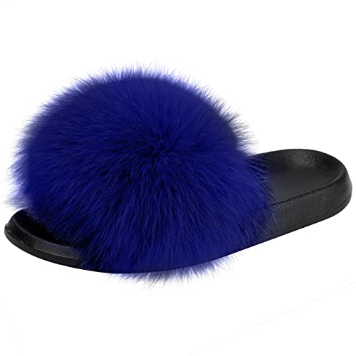 AONEGOLD Hausschuhe Damen Schlappen mit Fell Pelz Sandalen Weiche Pantoffel-Flipflops Pantoletten Sommer Flaumiger Slipper (Blau,40/41 EU) von AONEGOLD