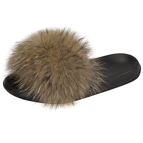 AONEGOLD Hausschuhe Damen Schlappen mit Fell Pelz Sandalen Weiche Pantoffel-Flipflops Pantoletten Sommer Flaumiger Slipper (Original Color,42/43 EU) von AONEGOLD