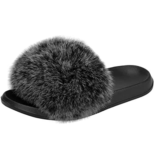 AONEGOLD Hausschuhe Damen Schlappen mit Fell Pelz Sandalen Weiche Pantoffel-Flipflops Pantoletten Sommer Flaumiger Slipper (Schwarz matt,38/39 EU) von AONEGOLD