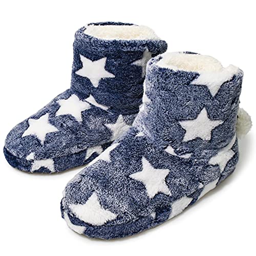 AONEGOLD Hausschuhe Damen Winter Wärme Pantoffeln Weiche Plüsch Hüttenschuhe rutschfest Indoor Slipper Star Stiefel Schwammboden Blau Größe 37-38 von AONEGOLD