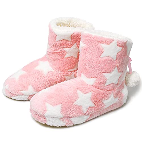 AONEGOLD Hausschuhe Damen Winter Wärme Pantoffeln Weiche Plüsch Hüttenschuhe rutschfest Indoor Slipper Star Stiefel Schwammboden Pink Größe 35-36 von AONEGOLD