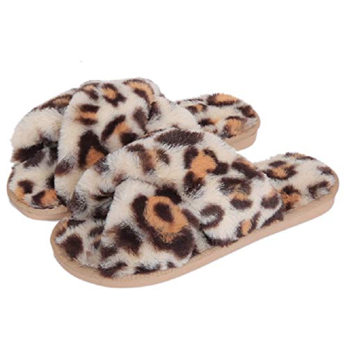 AONEGOLD Hausschuhe Damen Winter Wärme Plüsch Fluffy Pantoffeln Indoor Home rutschfeste Bequem Flache Open Toe Slippers Mode Leopardenmuster(Beige,Größe 36-37) von AONEGOLD