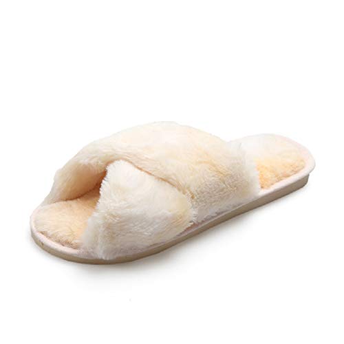 AONEGOLD Hausschuhe Damen Winter Wärme Plüsch Fluffy Pantoffeln Indoor Home rutschfeste Bequem Flache Open Toe Slippers Mode Leopardenmuster(Beige,Größe 38-39) von AONEGOLD