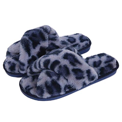 AONEGOLD Hausschuhe Damen Winter Wärme Plüsch Fluffy Pantoffeln Indoor Home rutschfeste Bequem Flache Open Toe Slippers Mode Leopardenmuster(Blau,Größe 40-41) von AONEGOLD