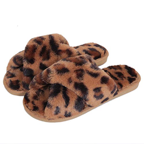 AONEGOLD Hausschuhe Damen Winter Wärme Plüsch Fluffy Pantoffeln Indoor Home rutschfeste Bequem Flache Open Toe Slippers Mode Leopardenmuster(Braun,Größe 36-37) von AONEGOLD