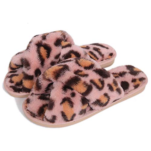 AONEGOLD Hausschuhe Damen Winter Wärme Plüsch Fluffy Pantoffeln Indoor Home rutschfeste Bequem Flache Open Toe Slippers Mode Leopardenmuster(Rosa,Größe 36-37) von AONEGOLD