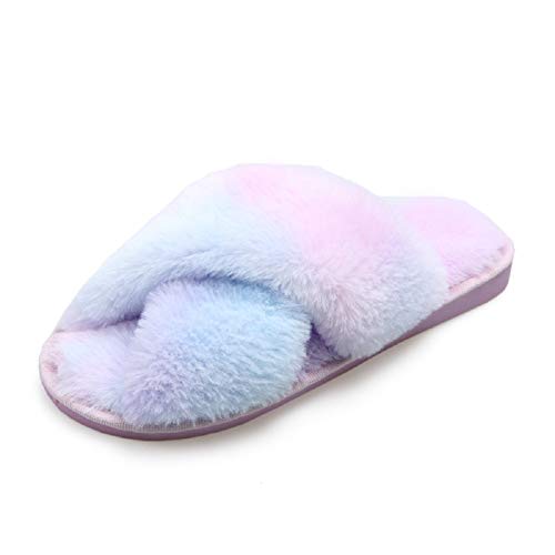 AONEGOLD Hausschuhe Damen Winter Warm Fluffy Plüsche Pantoffeln Indoor Home Leicht Slippers rutschfeste Bequem Flache Slippers(Blau,Größe 40-41) von AONEGOLD