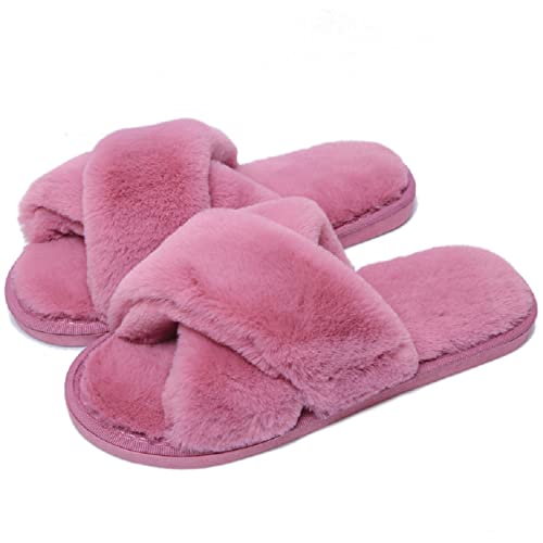 AONEGOLD Hausschuhe Damen Winter Warm Fluffy Plüsche Pantoffeln Indoor Home Leicht Slippers rutschfeste Bequem Flache Slippers(Dunkelpink,Größe 38-39) von AONEGOLD