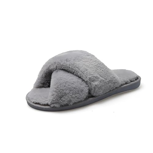 AONEGOLD Hausschuhe Damen Winter Warm Fluffy Plüsche Pantoffeln Indoor Home Leicht Slippers rutschfeste Bequem Flache Slippers(Grau,Größe 40-41) von AONEGOLD