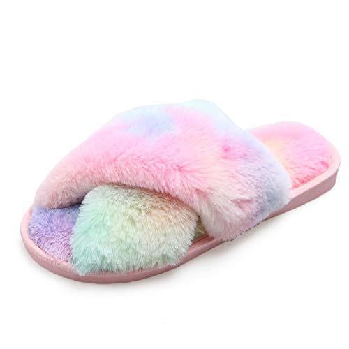 AONEGOLD Hausschuhe Damen Winter Warm Fluffy Plüsche Pantoffeln Indoor Home Leicht Slippers rutschfeste Bequem Flache Slippers(Regenbogen,Größe 38-39) von AONEGOLD