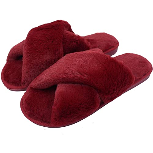 AONEGOLD Hausschuhe Damen Winter Warm Fluffy Plüsche Pantoffeln Indoor Home Leicht Slippers rutschfeste Bequem Flache Slippers(Weinrot,Größe 38-39) von AONEGOLD