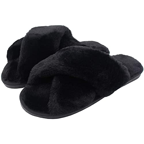 AONEGOLD Hausschuhe Damen Winter Warm Fluffy Plüsche Pantoffeln Indoor Home Leicht Slippers rutschfeste Bequem Flache Slippers(Schwarz,Größe 36-37) von AONEGOLD