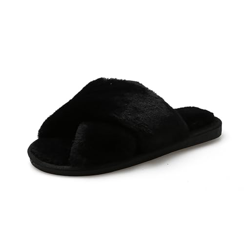 AONEGOLD Hausschuhe Damen Winter Warm Fluffy Plüsche Pantoffeln Indoor Home Leicht Slippers rutschfeste Bequem Flache Slippers(Schwarz,Größe 40-41) von AONEGOLD