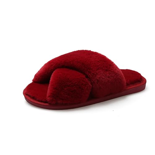AONEGOLD Hausschuhe Damen Winter Warm Fluffy Plüsche Pantoffeln Indoor Home Leicht Slippers rutschfeste Bequem Flache Slippers(Weinrot,Größe 40-41) von AONEGOLD