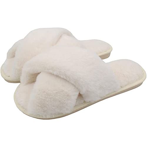 AONEGOLD Hausschuhe Damen Winter Warm Fluffy Plüsche Pantoffeln Indoor Home Leicht Slippers rutschfeste Bequem Flache Slippers(Weiß,Größe 36-37) von AONEGOLD