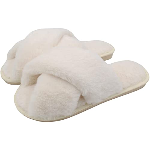 AONEGOLD Hausschuhe Damen Winter Warm Fluffy Plüsche Pantoffeln Indoor Home Leicht Slippers rutschfeste Bequem Flache Slippers(Weiß,Größe 38-39) von AONEGOLD