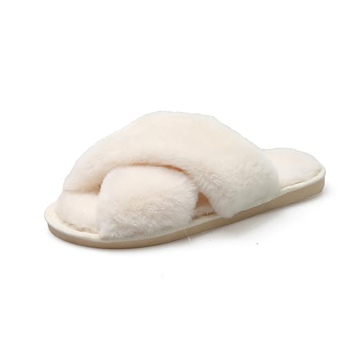 AONEGOLD Hausschuhe Damen Winter Warm Fluffy Plüsche Pantoffeln Indoor Home Leicht Slippers rutschfeste Bequem Flache Slippers(Weiß,Größe 40-41) von AONEGOLD