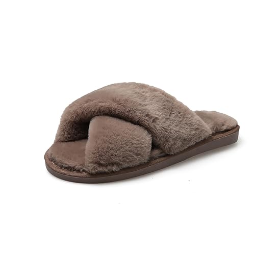 AONEGOLD Hausschuhe Damen Winter Warm Fluffy Plüsche Pantoffeln Indoor Home Leicht Slippers rutschfeste Bequem Flache Slippers(Khaki,Größe 38-39) von AONEGOLD