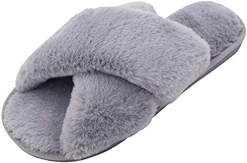 AONEGOLD Hausschuhe Damen Winter Warm Plüsche Pantoffeln rutschfeste Flache Flip Flop Slippers Indoor/Outdoor(Grau,40/41 EU) von AONEGOLD