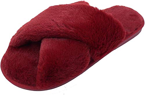 AONEGOLD Hausschuhe Damen Winter Warm Plüsche Pantoffeln rutschfeste Flache Flip Flop Slippers Indoor/Outdoor(Rot,40/41 EU) von AONEGOLD