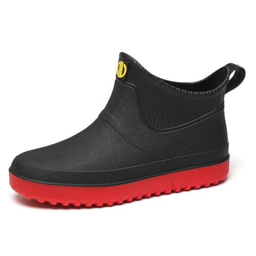 AONEGOLD Herren Gummistiefel Damen Wasserdicht Rutschfest Regenstiefel Leicht Atmungsaktiv Kurzschaft Stiefeletten Mode Outdoor Wanderstiefel Angelstiefel (Schwarzrot,38 EU) von AONEGOLD