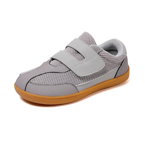 AONEGOLD Kinder Barfußschuhe Jungen Mädchen Minimalistische mit Klettverschluss Breite Laufschuhe Leicht rutschfest Sneaker Komfortable Atmungsaktiv Barfussschuhe (Grau,34EU) von AONEGOLD
