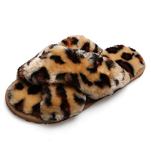 AONEGOLD Plüsch Hausschuhe Damen Mädchen Winter Warm Flauschige Kunstpelz Pantoffeln rutschfeste Bequeme Flache Flip Flop(Leopard braun,Größe 42-43) von AONEGOLD