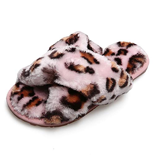 AONEGOLD Plüsch Hausschuhe Damen Mädchen Winter Warm Flauschige Kunstpelz Pantoffeln rutschfeste Bequeme Flache Flip Flop(Leopard rosa,Größe 38-39) von AONEGOLD