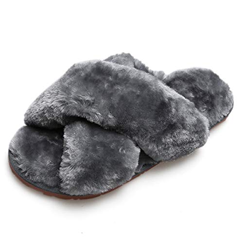 AONEGOLD Plüsch Hausschuhe Damen Mädchen Winter Warm Flauschige Kunstpelz Pantoffeln rutschfeste Bequeme Flache Flip Flop(Grau,Größe 38-39) von AONEGOLD