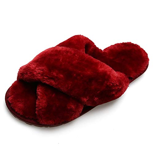 AONEGOLD Plüsch Hausschuhe Damen Mädchen Winter Warm Flauschige Kunstpelz Pantoffeln rutschfeste Bequeme Flache Flip Flop(Rot,Größe 38-39) von AONEGOLD