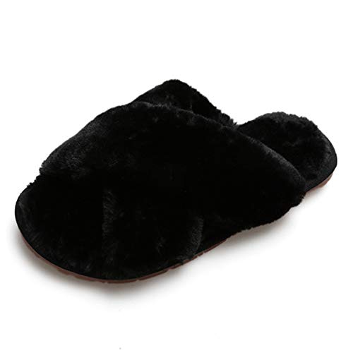 AONEGOLD Plüsch Hausschuhe Damen Mädchen Winter Warm Flauschige Kunstpelz Pantoffeln rutschfeste Bequeme Flache Flip Flop(Schwarz,Größe 38-39) von AONEGOLD