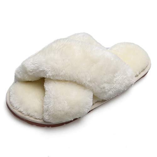 AONEGOLD Plüsch Hausschuhe Damen Mädchen Winter Warm Flauschige Kunstpelz Pantoffeln rutschfeste Bequeme Flache Flip Flop(Weiß,Größe 38-39) von AONEGOLD